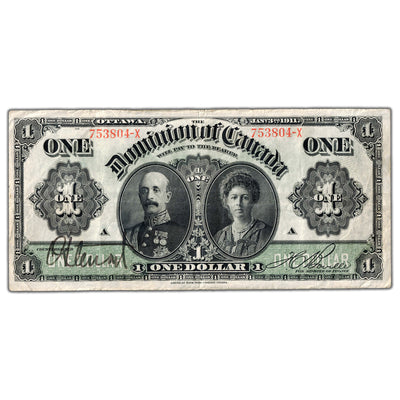 SOLD $1 1911 Dominion of Canada Note Black Line Series X DC-18d-i - VF