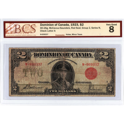$2 1923 Dominion of Canada Note Red Seal Series N DC-26g - BCS VG-8