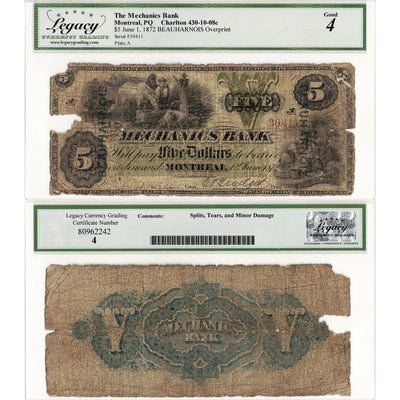 $5 1872 The Mechanics Bank Canada Chartered Note Ovpt #430-10-08c - Legacy G-4