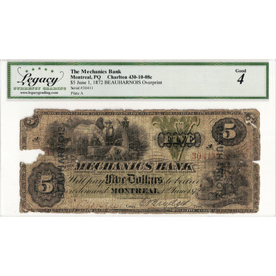 $5 1872 The Mechanics Bank Canada Chartered Note Ovpt #430-10-08c - Legacy G-4