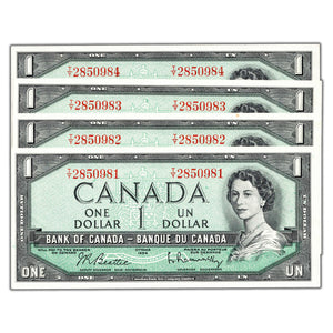 SOLD $1 1954 Bank of Canada Notes T/Y Prefix BC-37b - 4 Consecutive AU/UNC