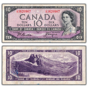 SOLD $10 1954 Bank of Canada Note Devil Face I/D Prefix BC-32b  - VF (staining)