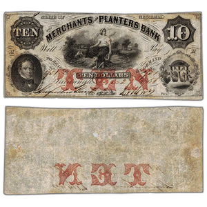 SOLD United States 1856 Merchants & Planters Bank $10 Ten Dollars Obsolete Note - Circulated