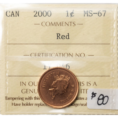 Canada 2000 1 Small Cent Coin - ICCS MS-67 Red