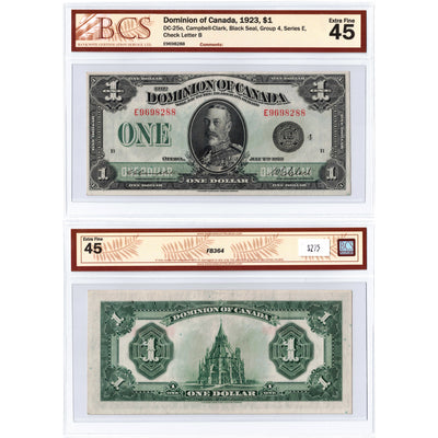 SOLD $1 1923 Dominion of Canada Note Black Seal Series E DC-25o - BCS EF-45