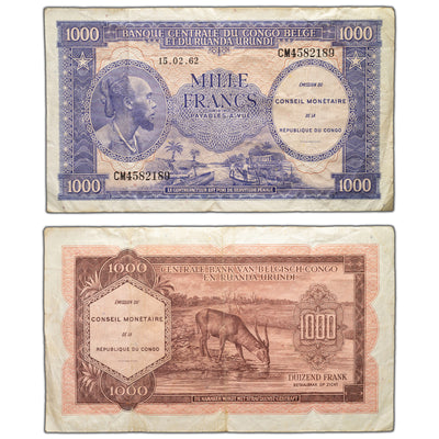 SOLD Congo 1962 1000 Francs Note P #2 - Overprint on Belgian Congo