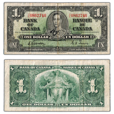 $1 1937 Bank of Canada Note Gordon-Towers Y/L Prefix BC-21c - F/VF