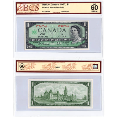 SOLD $1 1967 Bank of Canada Note Beattie-Rasminsky F/P Prefix BC-45b-i - BCS UNC-60