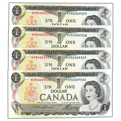 $1 1973 Bank of Canada Notes *MR Prefix BC-46aA - 4 Consecutive - Ch UNC
