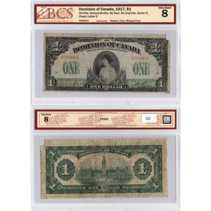 SOLD $1 1917 Dominion of Canada Note No Seal Series D DC-23a - BCS VG-8