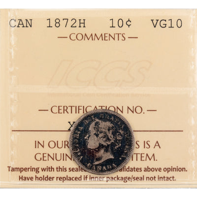 Canada 1872-H 10 Cents Dime Silver Coin - ICCS VG-10