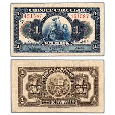 SOLD Peru Cheque Circular 1918 1 One Sol Note P #40a - F/VF