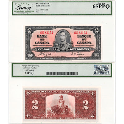 $2 1937 Bank of Canada Note Coyne-Towers J/R Prefix BC-22c - Legacy Gem UNC-65 PPQ