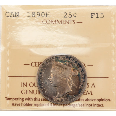 Canada 1890-H 25 Cents Quarter Silver Coin - ICCS F-15