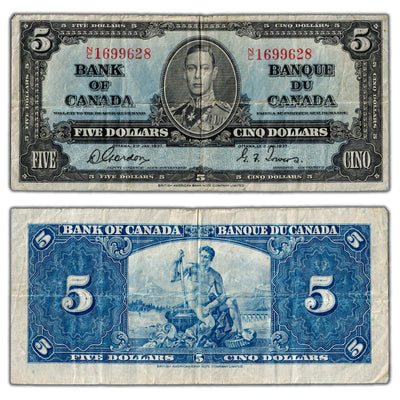 $5 1937 Bank of Canada Note Gordon-Towers N/C Prefix BC-23b - Fine
