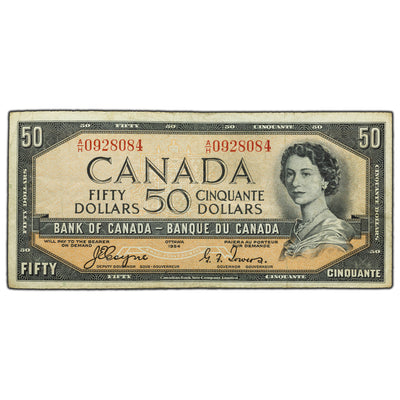 SOLD $50 1954 Bank of Canada Note Devil Face A/H Prefix BC-34a - F/VF