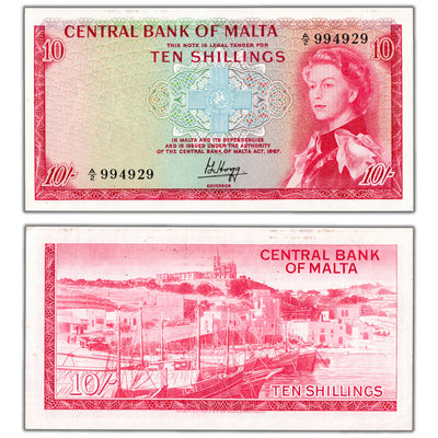 SOLD Malta ND (1968) 10 Ten Shillings Note P #28a - AU