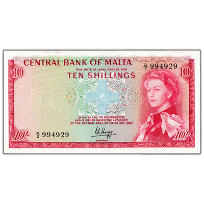 SOLD Malta ND (1968) 10 Ten Shillings Note P #28a - AU