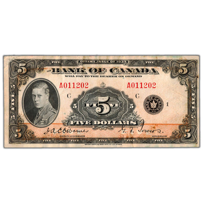 $5 1935 Bank of Canada Note English Text BC-5 - VF+ (residue)