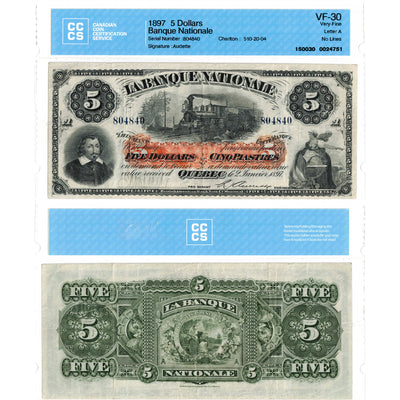 SOLD $5 1897 La Banque Nationale Canada Chartered Note #510-20-04 - CCCS VF-30