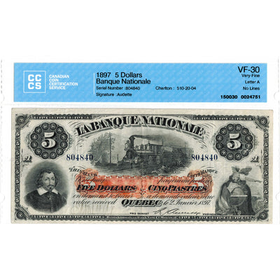 SOLD $5 1897 La Banque Nationale Canada Chartered Note #510-20-04 - CCCS VF-30