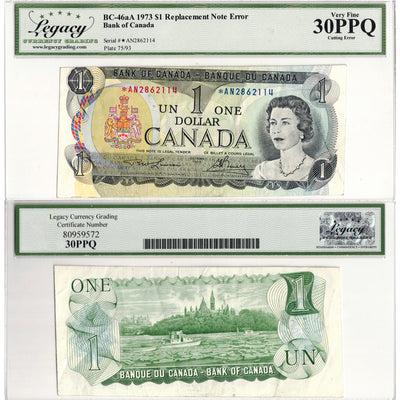 $1 1973 Bank of Canada Note *AN Replacement BC-46aA Cutting Error - Legacy VF-30 PPQ