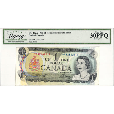 $1 1973 Bank of Canada Note *AN Replacement BC-46aA Cutting Error - Legacy VF-30 PPQ