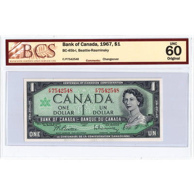 SOLD $1 1967 Bank of Canada Note Beattie-Rasminsky F/P Prefix BC-45b-i - BCS UNC-60