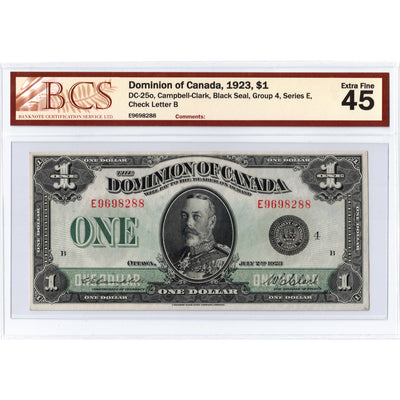 SOLD $1 1923 Dominion of Canada Note Black Seal Series E DC-25o - BCS EF-45