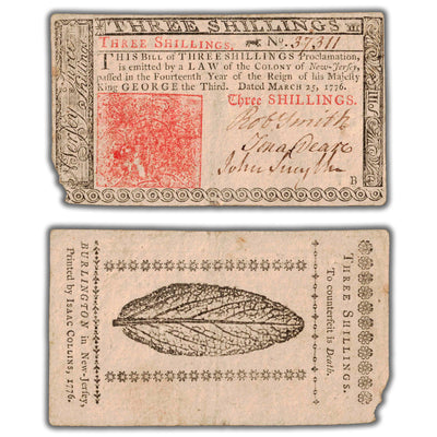 SOLD United States New Jersey 1776 3 Three Shillings Colonial Note NJ #177 - Missing Corner