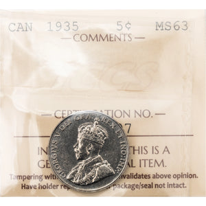 Canada 1935 5 Cents Nickel Coin - ICCS MS-63