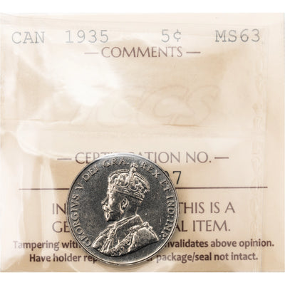 Canada 1935 5 Cents Nickel Coin - ICCS MS-63
