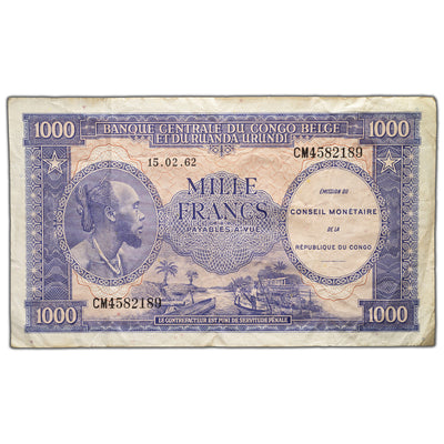 SOLD Congo 1962 1000 Francs Note P #2 - Overprint on Belgian Congo