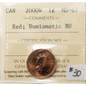 SOLD Canada 2000W 1 Small Cent Coin - ICCS MS-67 Red Numismatic BU