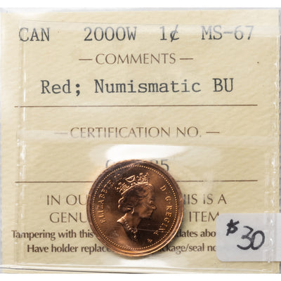 SOLD Canada 2000W 1 Small Cent Coin - ICCS MS-67 Red Numismatic BU