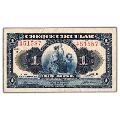 SOLD Peru Cheque Circular 1918 1 One Sol Note P #40a - F/VF