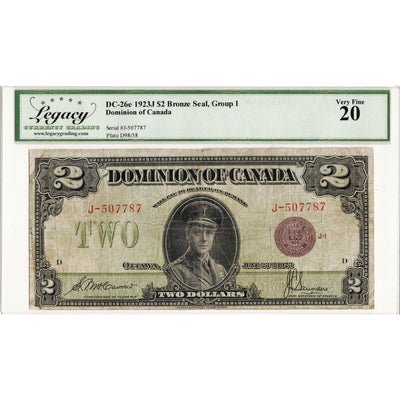 SOLD $2 1923 Dominion of Canada Note Bronze Seal Series J DC-26e - Legacy VF-20
