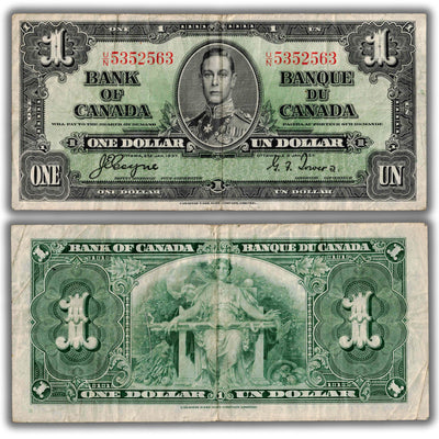 $1 1937 Bank of Canada Note Coyne-Towers U/N Prefix BC-21d - F/VF