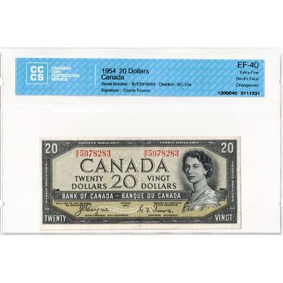 $20 1954 Bank of Canada Note Devil Face B/E Changeover Prefix BC-33a - CCCS EF-40