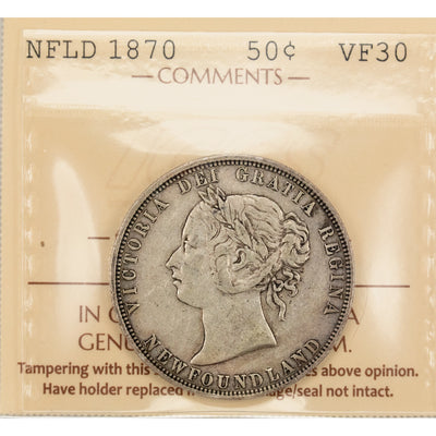 Newfoundland 1870 50 Cents Half Dollar Silver Coin - ICCS VF-30