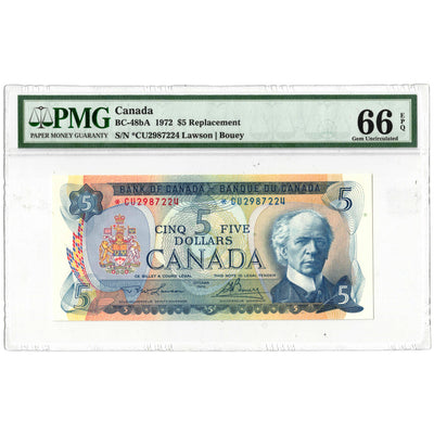 $5 1972 Bank of Canada Note *CU Replacement Prefix BC-48bA - PMG Gem UNC-66 EPQ