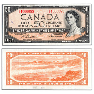 SOLD $50 1954 Bank of Canada Note Beattie-Rasminsky B/H Prefix BC-42b - Writing