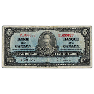 $5 1937 Bank of Canada Note Gordon-Towers N/C Prefix BC-23b - Fine