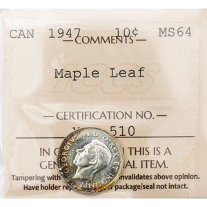SOLD Canada 1947 Maple Leaf 10 Cents Dime Silver Coin - ICCS MS-64