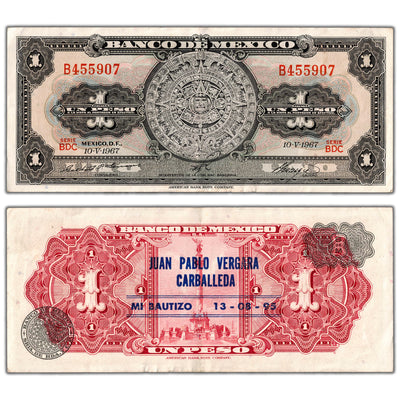 Mexico 1967 1 One Peso P #59j - Overprint "Juan Pablo Vergara Carballeda"