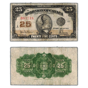 SOLD 25 Cents 1923 Dominion of Canada Note Shinplaster Hyndman DC-24b - VG/F