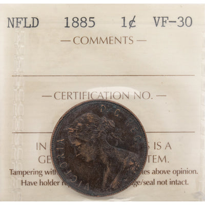 Newfoundland 1885 1 Large Cent Coin Tough Date! - ICCS VF-30