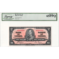$2 1937 Bank of Canada Note Coyne-Towers J/R Prefix BC-22c - Legacy Gem UNC-65 PPQ