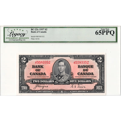 $2 1937 Bank of Canada Note Coyne-Towers J/R Prefix BC-22c - Legacy Gem UNC-65 PPQ