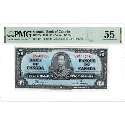 $5 1937 Bank of Canada Note Coyne-Towers C/S Prefix BC-23c - PMG AU-55